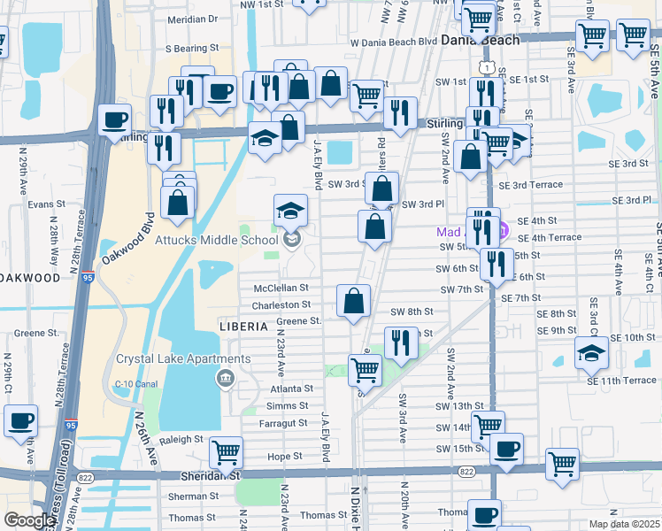 map of restaurants, bars, coffee shops, grocery stores, and more near 732 Southwest 5th Street in Dania Beach