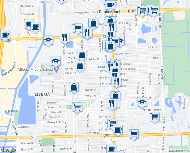 map of restaurants, bars, coffee shops, grocery stores, and more near 221 Southwest 5th Street in Dania Beach