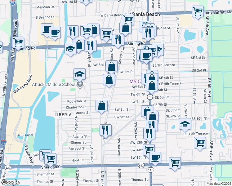 map of restaurants, bars, coffee shops, grocery stores, and more near 261 Southwest 5th Street in Dania Beach
