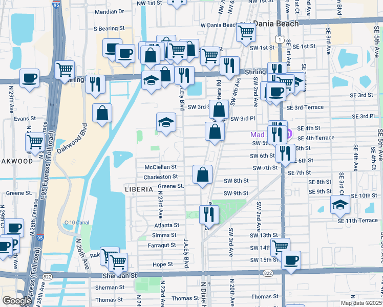 map of restaurants, bars, coffee shops, grocery stores, and more near 732 Southwest 5th Street in Dania Beach