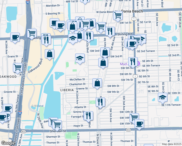 map of restaurants, bars, coffee shops, grocery stores, and more near 732 Southwest 5th Street in Dania Beach