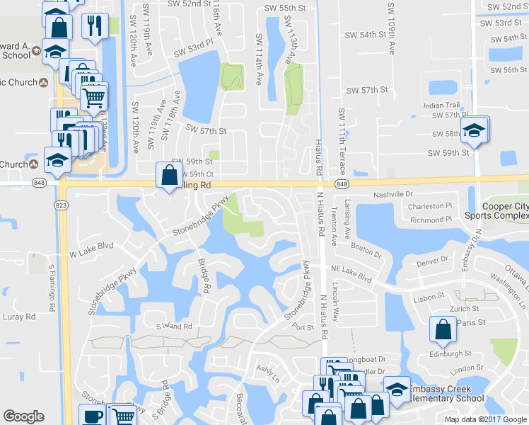 map of restaurants, bars, coffee shops, grocery stores, and more near 4199 Forest Hill Drive in Hollywood
