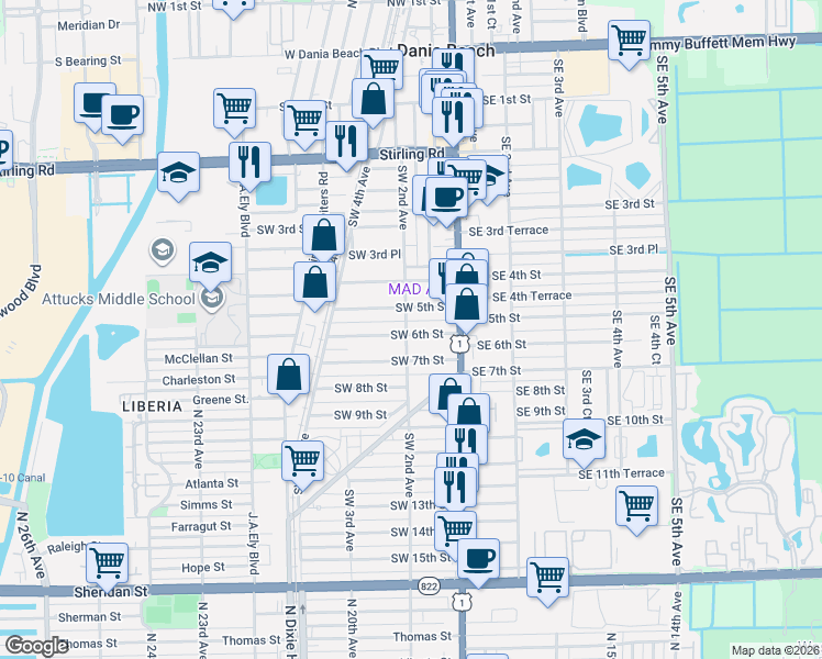 map of restaurants, bars, coffee shops, grocery stores, and more near 41 Southwest 5th Street in Dania Beach