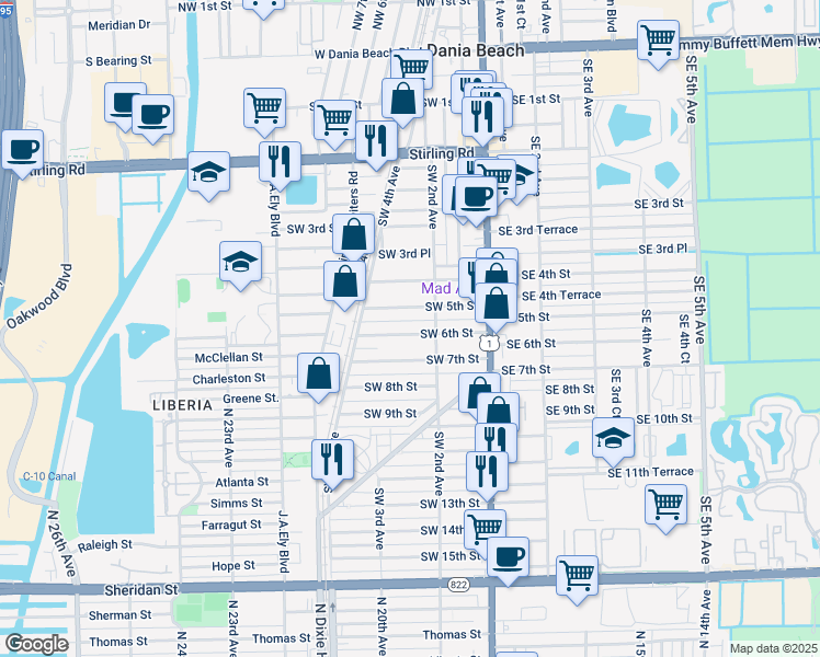 map of restaurants, bars, coffee shops, grocery stores, and more near 221 Southwest 5th Street in Dania Beach