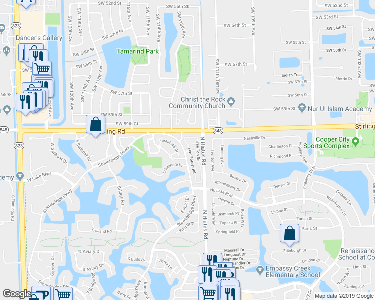 map of restaurants, bars, coffee shops, grocery stores, and more near 11220 Quiet Water Way in Hollywood