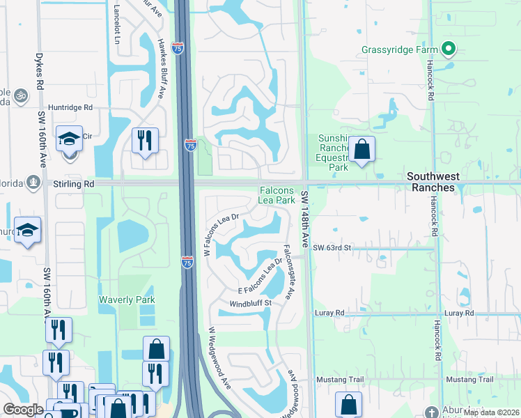 map of restaurants, bars, coffee shops, grocery stores, and more near 14950 Norfolk Lane in Davie