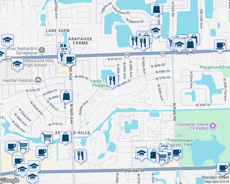 map of restaurants, bars, coffee shops, grocery stores, and more near 4000 North Hills Drive in Hollywood