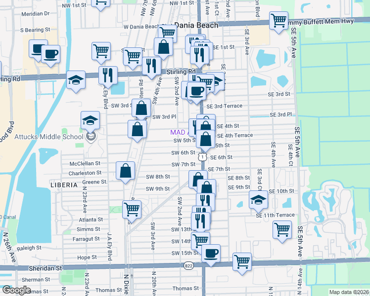 map of restaurants, bars, coffee shops, grocery stores, and more near 41 Southwest 5th Street in Dania Beach