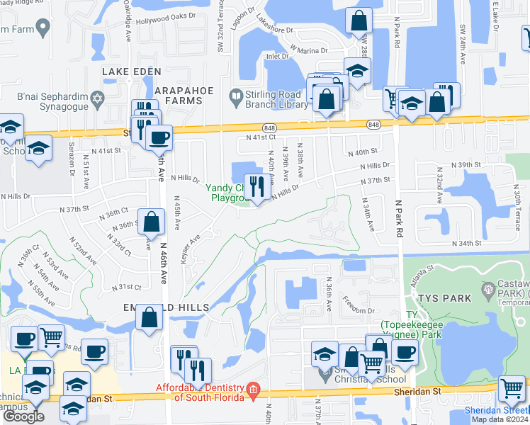 map of restaurants, bars, coffee shops, grocery stores, and more near 4000 North Hills Drive in Hollywood