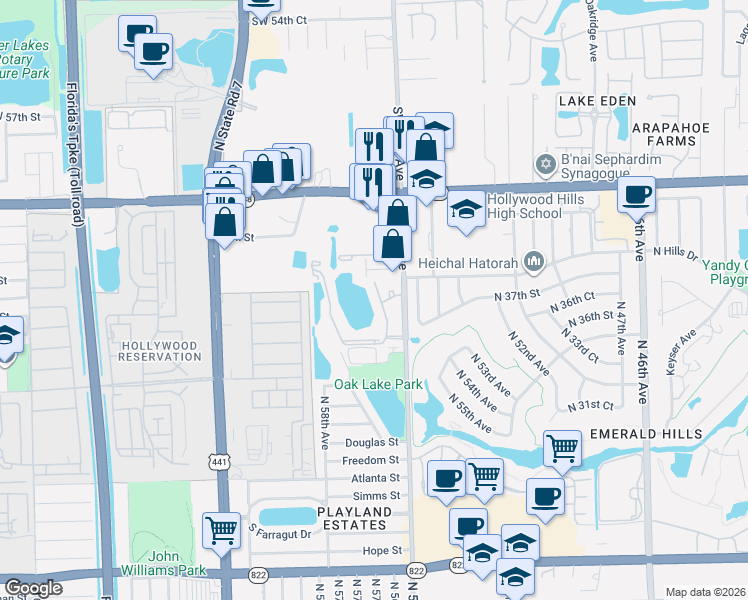 map of restaurants, bars, coffee shops, grocery stores, and more near 3610 North 56th Avenue in Hollywood