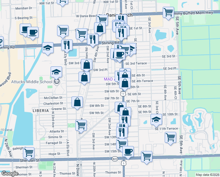 map of restaurants, bars, coffee shops, grocery stores, and more near 41 Southwest 5th Street in Dania Beach