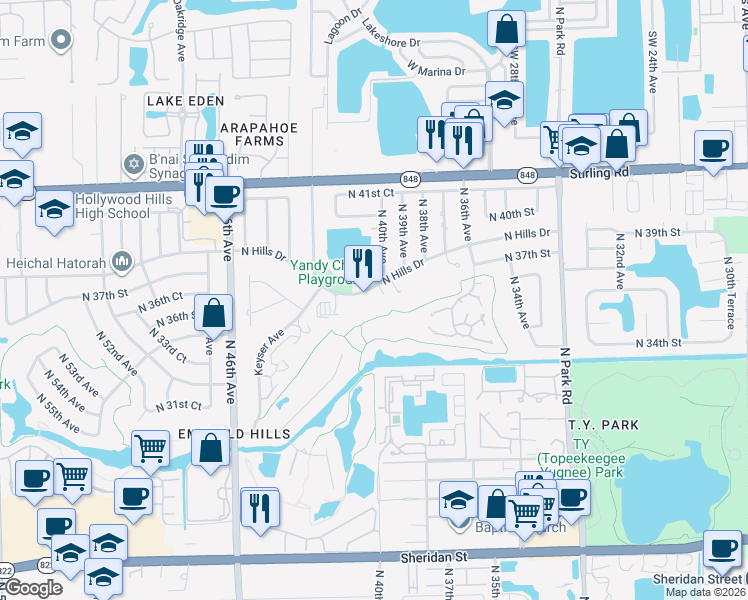 map of restaurants, bars, coffee shops, grocery stores, and more near 4040 North Hills Drive in Hollywood