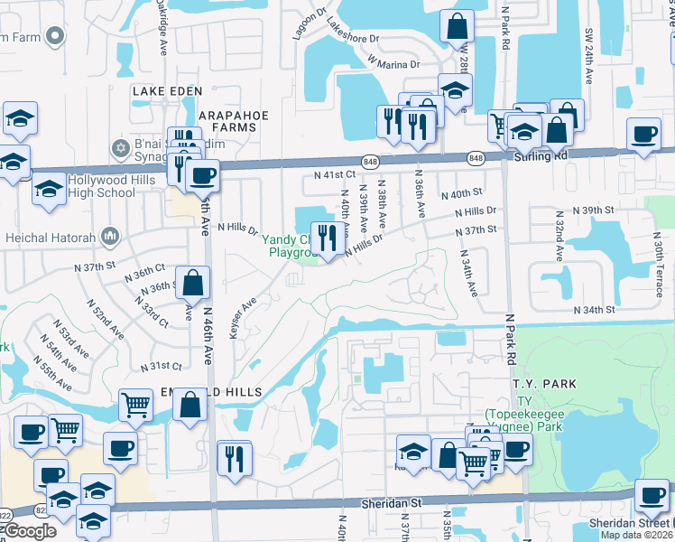 map of restaurants, bars, coffee shops, grocery stores, and more near 4000 North Hills Drive in Hollywood