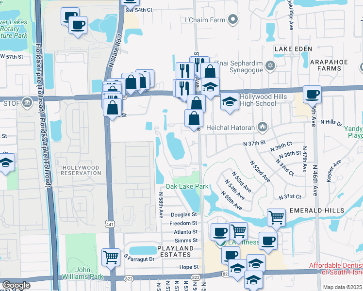 map of restaurants, bars, coffee shops, grocery stores, and more near 3610 North 56th Avenue in Hollywood