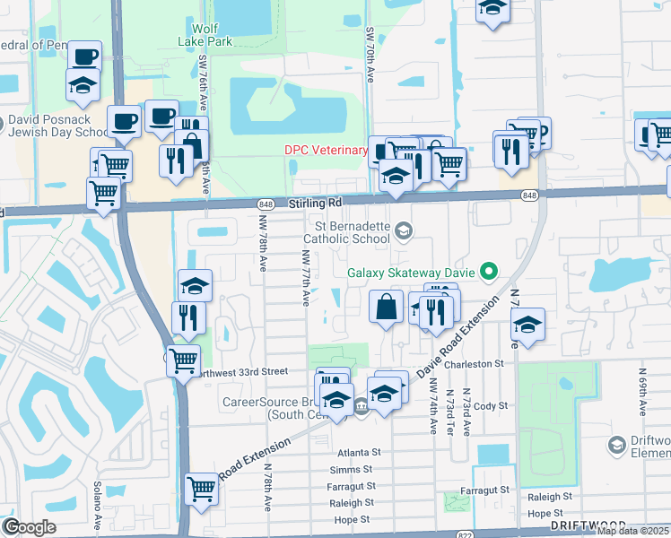 map of restaurants, bars, coffee shops, grocery stores, and more near 7600 Northwest 38th Court in Hollywood