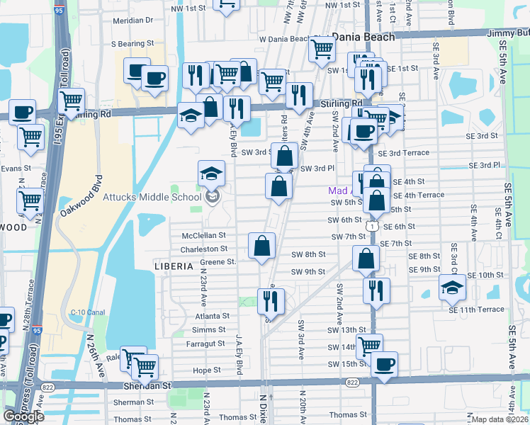 map of restaurants, bars, coffee shops, grocery stores, and more near 413 Phippen Waiters Road in Dania Beach