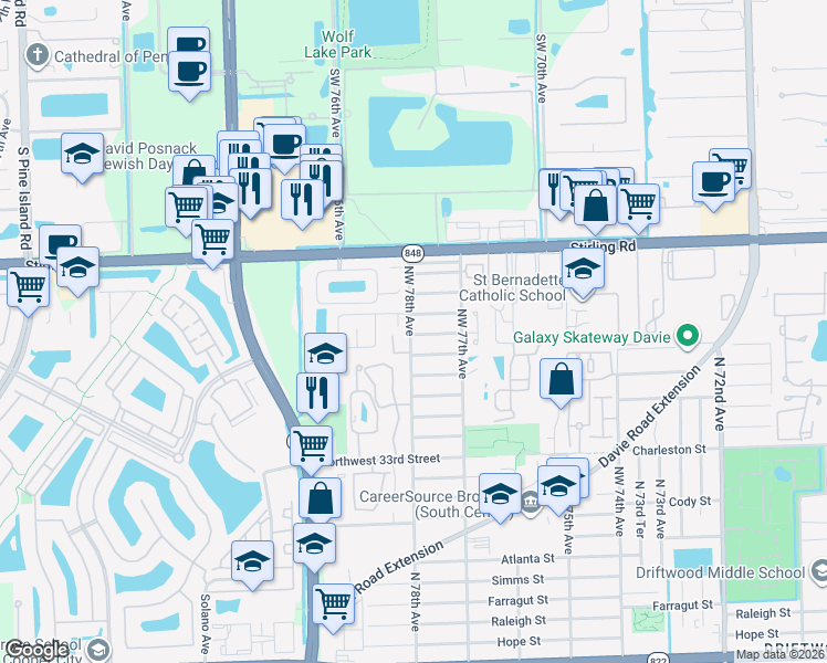 map of restaurants, bars, coffee shops, grocery stores, and more near 3910 Northwest 78th Terrace in Hollywood