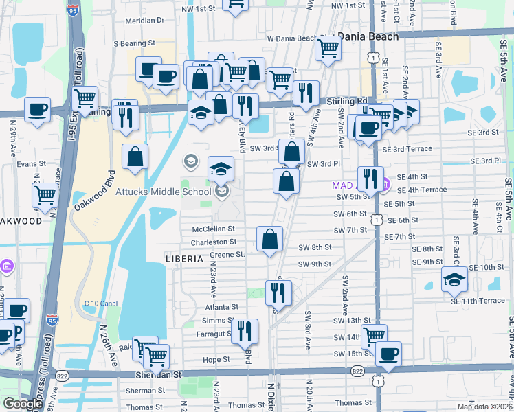 map of restaurants, bars, coffee shops, grocery stores, and more near 727 Southwest 5th Street in Dania Beach