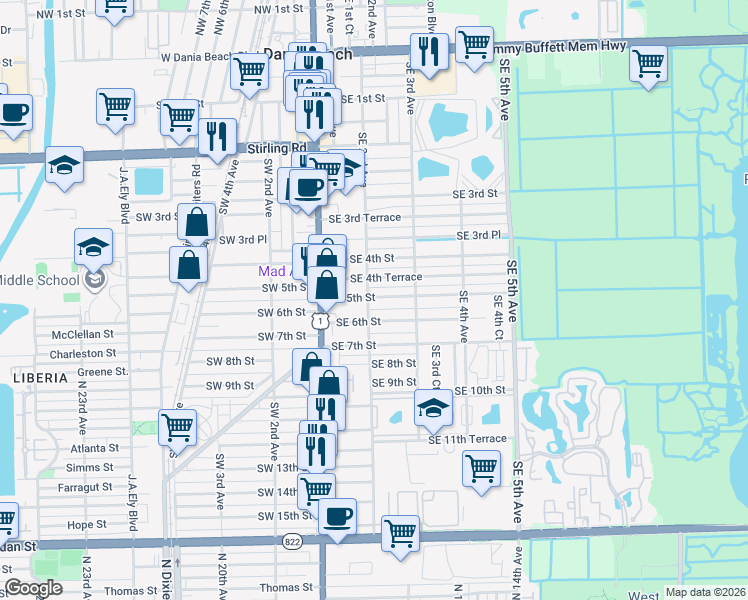 map of restaurants, bars, coffee shops, grocery stores, and more near 209 Southeast 5th Street in Dania Beach