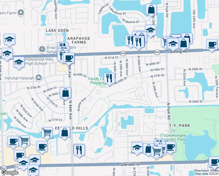 map of restaurants, bars, coffee shops, grocery stores, and more near 4000 North Hills Drive in Hollywood