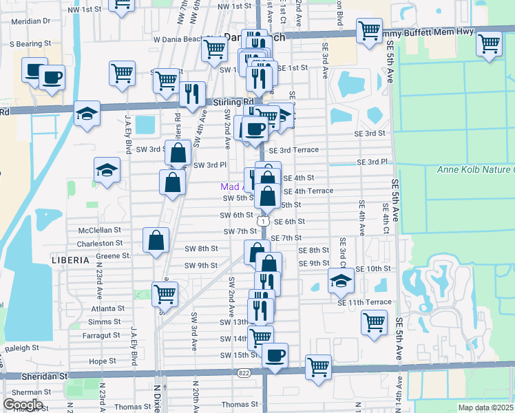 map of restaurants, bars, coffee shops, grocery stores, and more near 530 South Federal Highway in Dania Beach