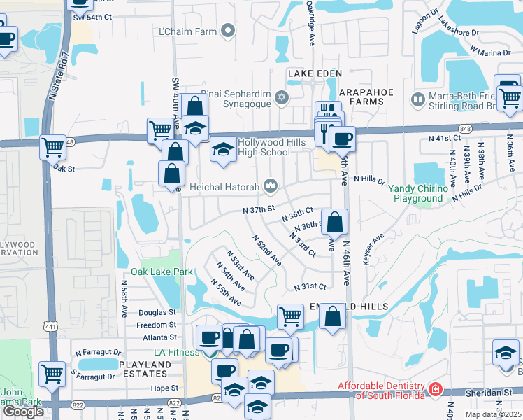 map of restaurants, bars, coffee shops, grocery stores, and more near 5201 North 37th Street in Hollywood