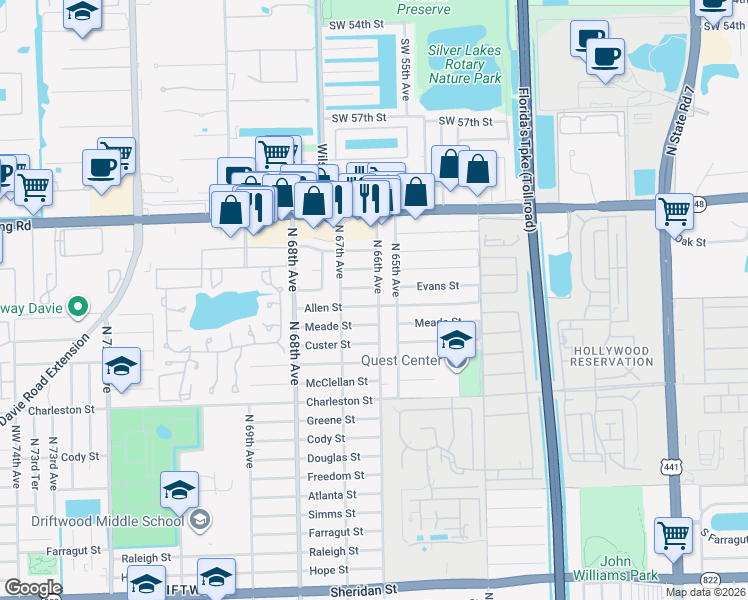 map of restaurants, bars, coffee shops, grocery stores, and more near 6601 Allen Street in Hollywood