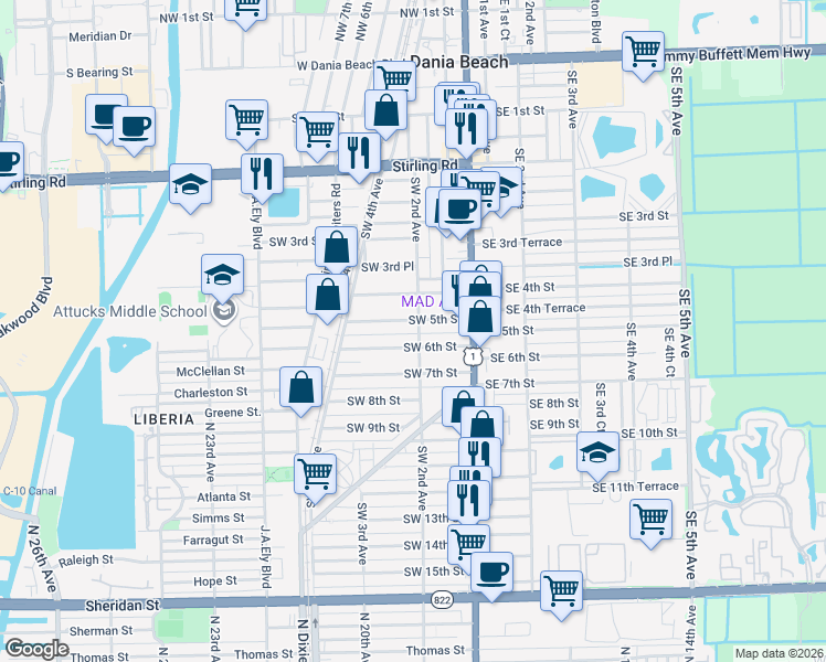 map of restaurants, bars, coffee shops, grocery stores, and more near 41 Southwest 5th Street in Dania Beach
