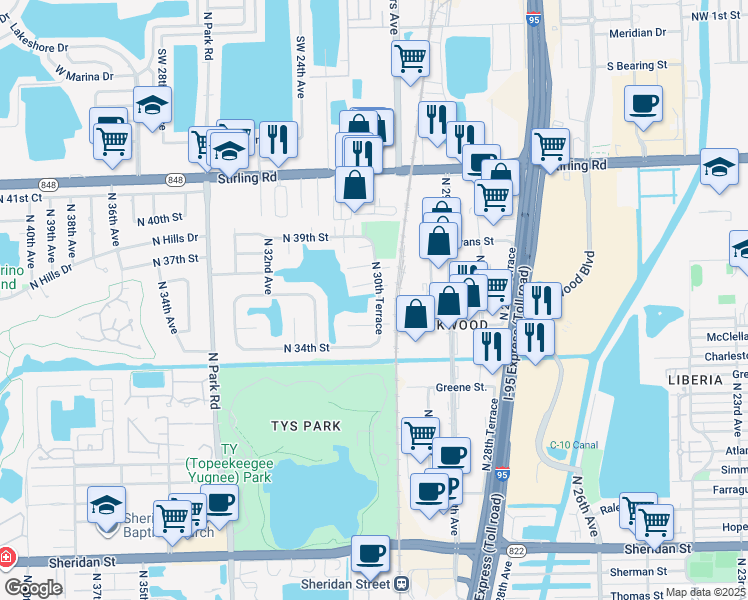 map of restaurants, bars, coffee shops, grocery stores, and more near 3530 North 30th Terrace in Hollywood