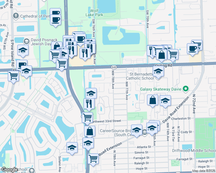 map of restaurants, bars, coffee shops, grocery stores, and more near 3910 Northwest 78th Terrace in Hollywood