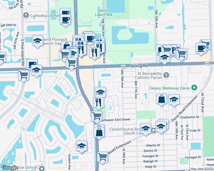 map of restaurants, bars, coffee shops, grocery stores, and more near 3910 Northwest 79th Avenue in Hollywood