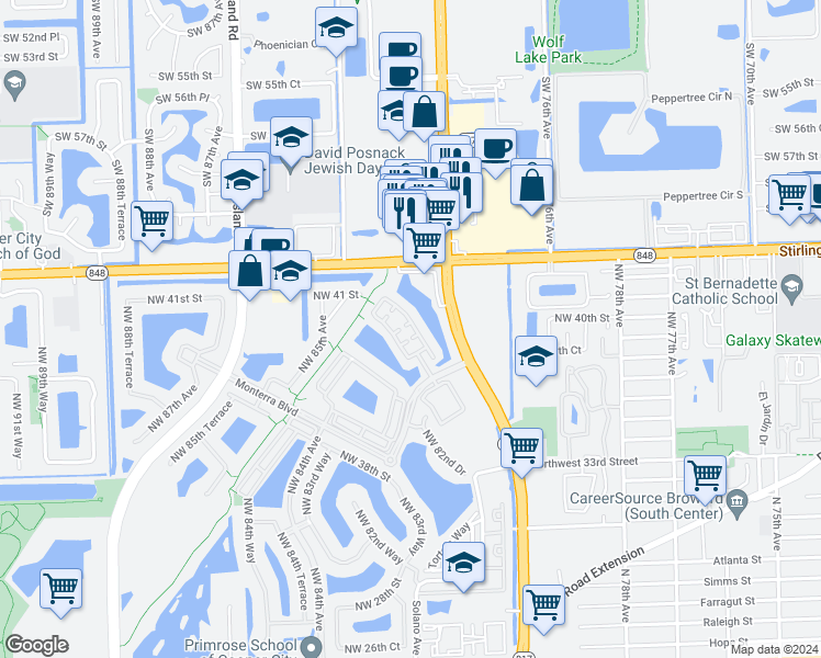 map of restaurants, bars, coffee shops, grocery stores, and more near 4104 Cascada Circle in Hollywood