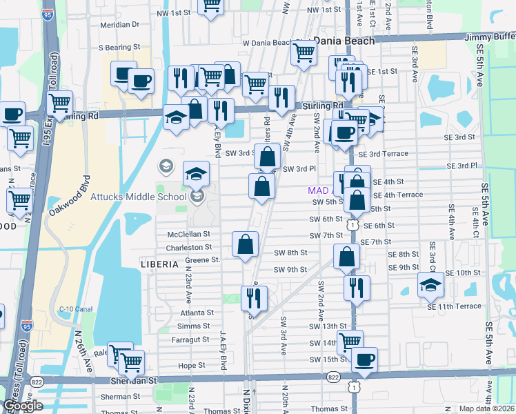 map of restaurants, bars, coffee shops, grocery stores, and more near 413 Phippen Waiters Road in Dania Beach