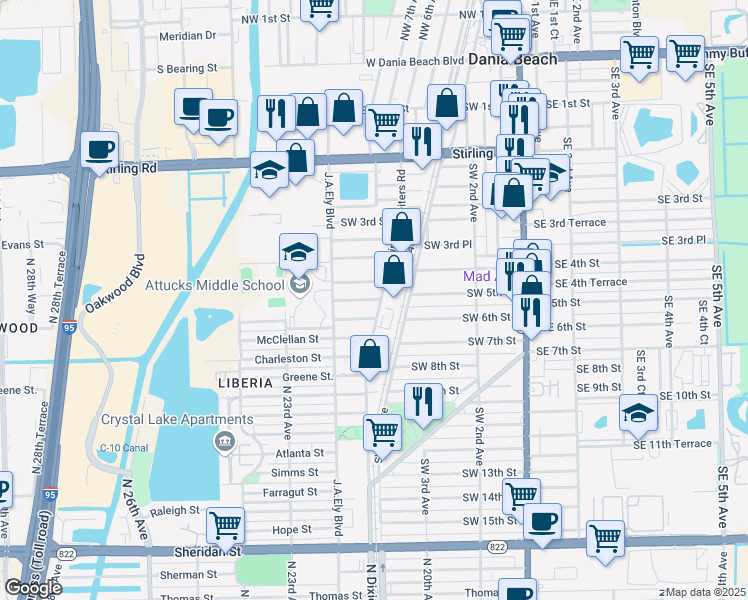 map of restaurants, bars, coffee shops, grocery stores, and more near 413 Phippen Waiters Road in Dania Beach