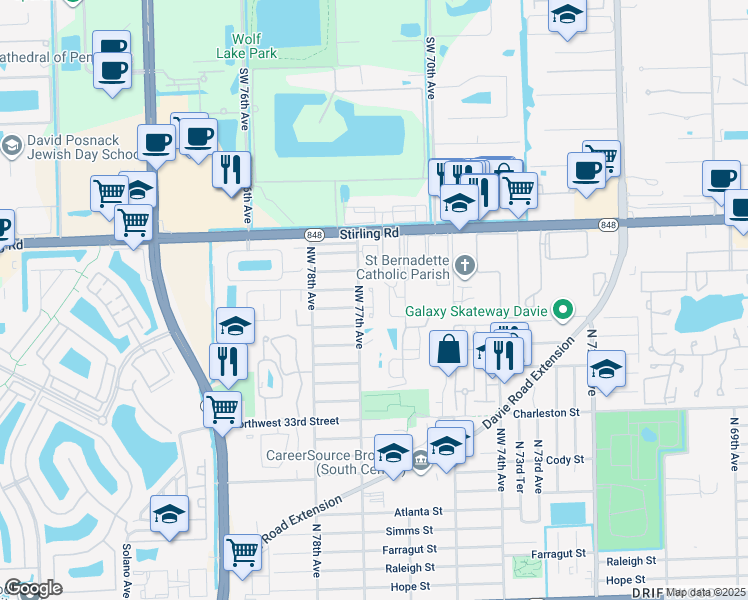 map of restaurants, bars, coffee shops, grocery stores, and more near 3906 Northwest 77th Avenue in Hollywood