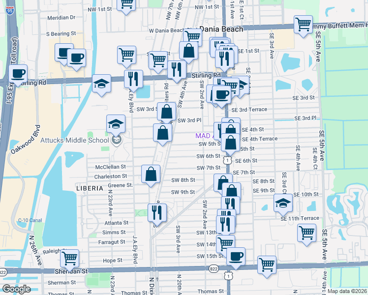 map of restaurants, bars, coffee shops, grocery stores, and more near 225 Southwest 5th Street in Dania Beach