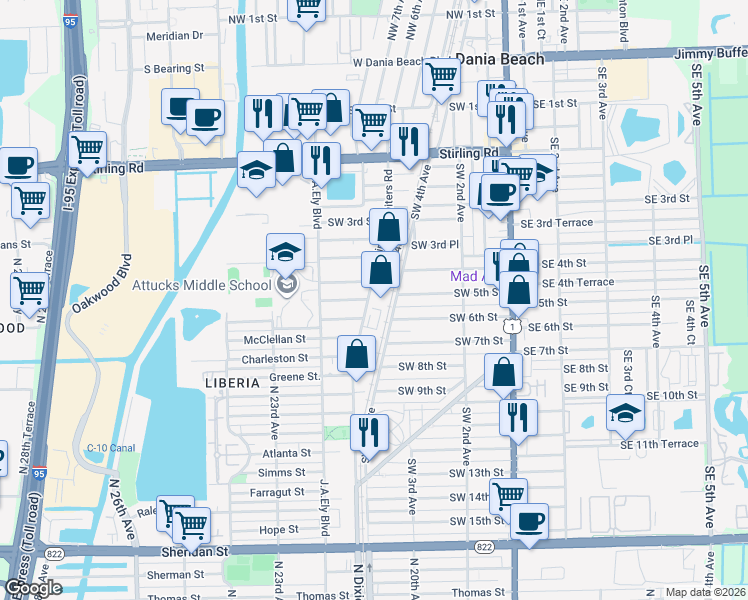 map of restaurants, bars, coffee shops, grocery stores, and more near 413 Phippen Waiters Road in Dania Beach