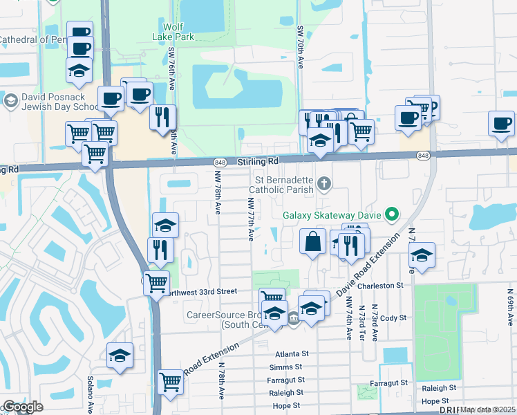 map of restaurants, bars, coffee shops, grocery stores, and more near 3906 Northwest 77th Avenue in Hollywood