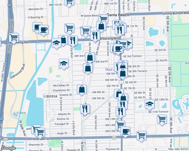 map of restaurants, bars, coffee shops, grocery stores, and more near 261 Southwest 5th Street in Dania Beach