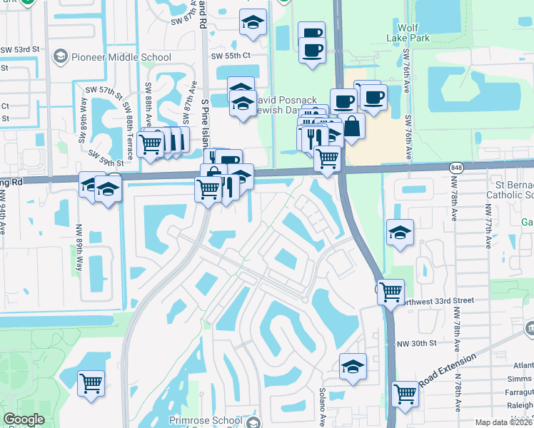 map of restaurants, bars, coffee shops, grocery stores, and more near 4017 Northwest 85th Drive in Pembroke Pines