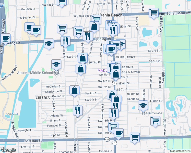 map of restaurants, bars, coffee shops, grocery stores, and more near 225 Southwest 5th Street in Dania Beach