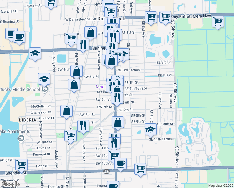map of restaurants, bars, coffee shops, grocery stores, and more near 485 U.S. 1 in Dania Beach