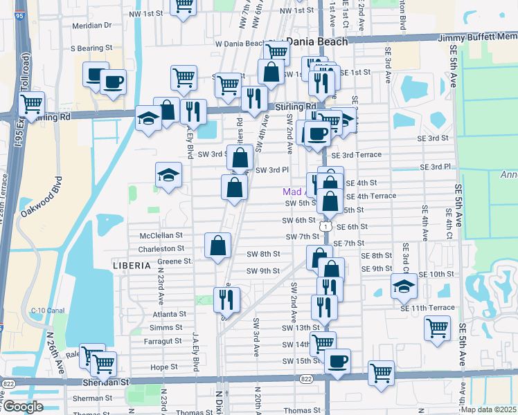 map of restaurants, bars, coffee shops, grocery stores, and more near 261 Southwest 5th Street in Dania Beach