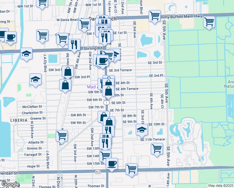 map of restaurants, bars, coffee shops, grocery stores, and more near 105A Southeast 5th Street in Dania Beach