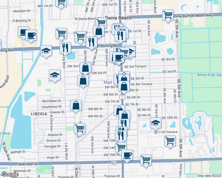 map of restaurants, bars, coffee shops, grocery stores, and more near 41 Southwest 5th Street in Dania Beach