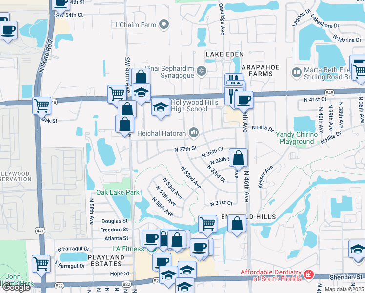 map of restaurants, bars, coffee shops, grocery stores, and more near 5201 North 37th Street in Hollywood