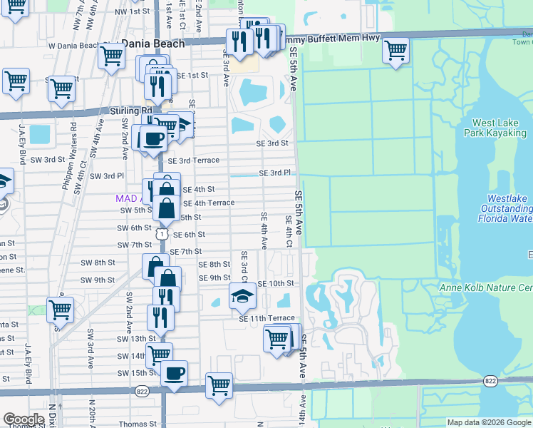 map of restaurants, bars, coffee shops, grocery stores, and more near 319 Southeast 5th Street in Dania Beach