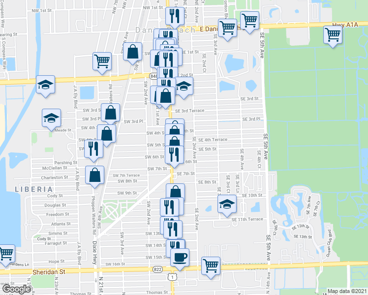 map of restaurants, bars, coffee shops, grocery stores, and more near 105A Southeast 5th Street in Dania Beach