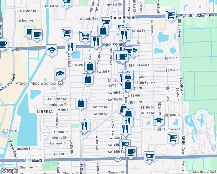 map of restaurants, bars, coffee shops, grocery stores, and more near 221 Southwest 5th Street in Dania Beach