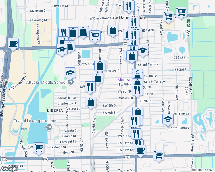 map of restaurants, bars, coffee shops, grocery stores, and more near 261 Southwest 5th Street in Dania Beach